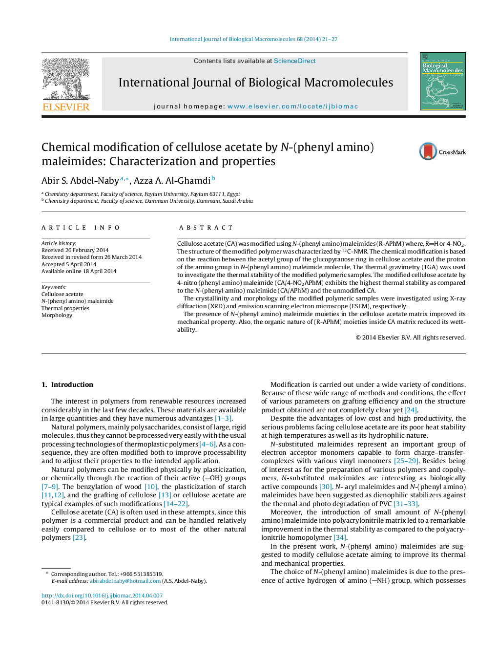 عکس صفحه اول مقاله: Chemical modification of cellulose acetate by N-(phenyl amino) maleimides: Characterization and properties Chemical modification of cellulose acetate by N-(phenyl amino) maleimides: Characterization and properties