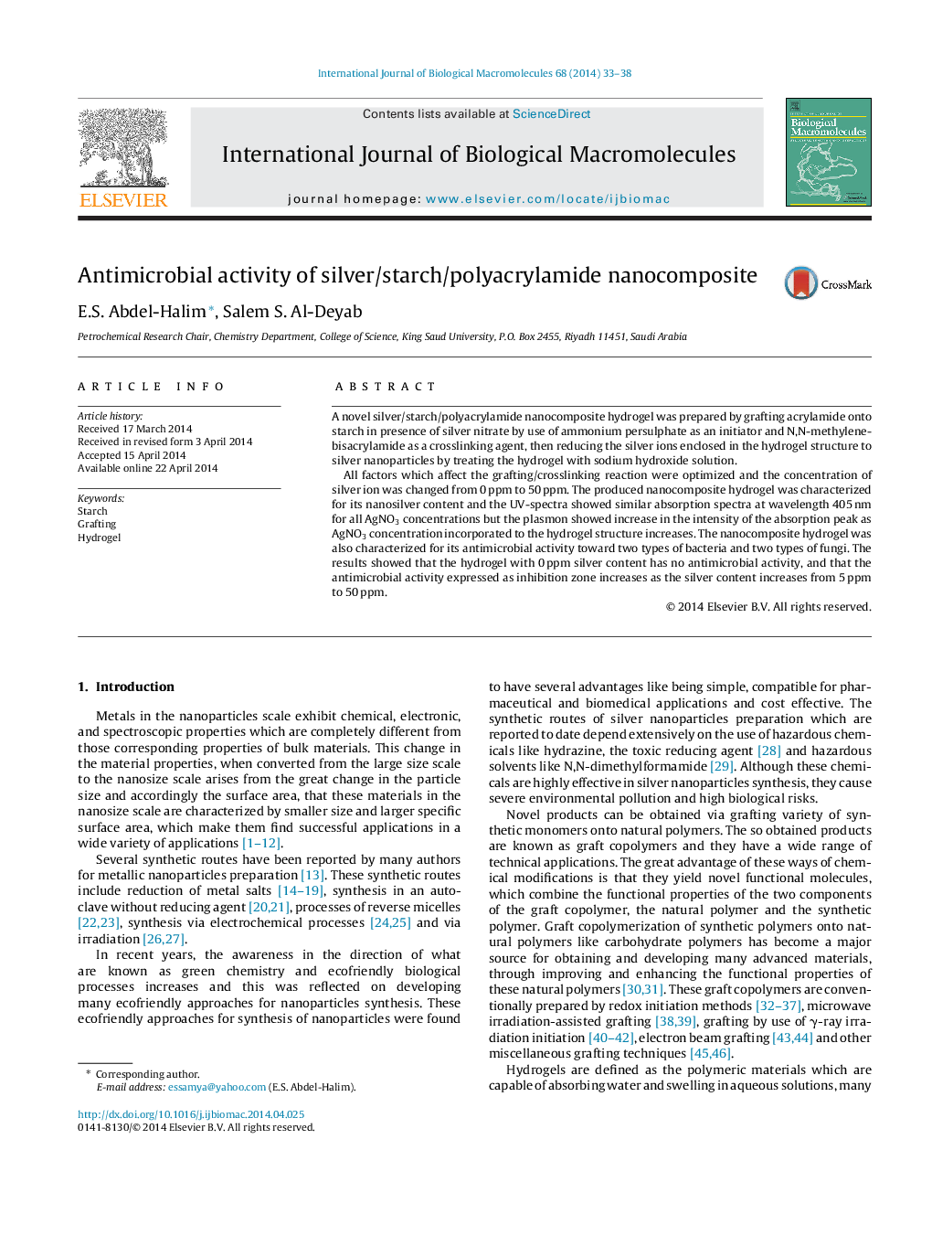 Antimicrobial activity of silver/starch/polyacrylamide nanocomposite