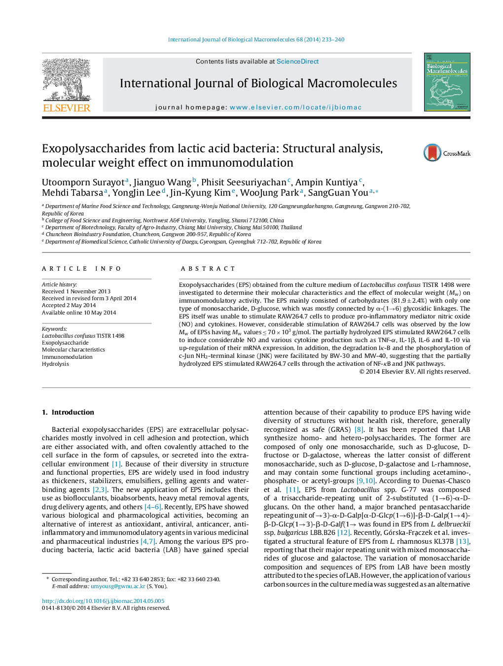 Exopolysaccharides from lactic acid bacteria: Structural analysis, molecular weight effect on immunomodulation