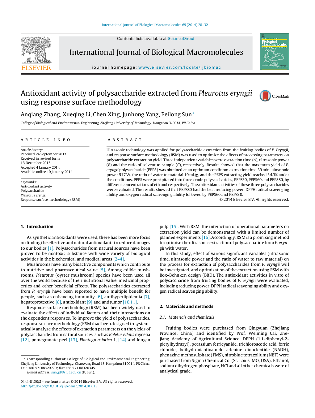 Antioxidant activity of polysaccharide extracted from Pleurotus eryngii using response surface methodology