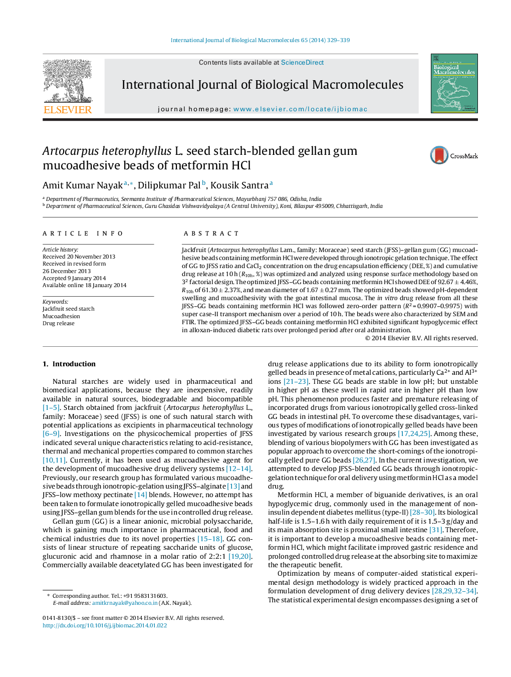 Artocarpus heterophyllus L. seed starch-blended gellan gum mucoadhesive beads of metformin HCl