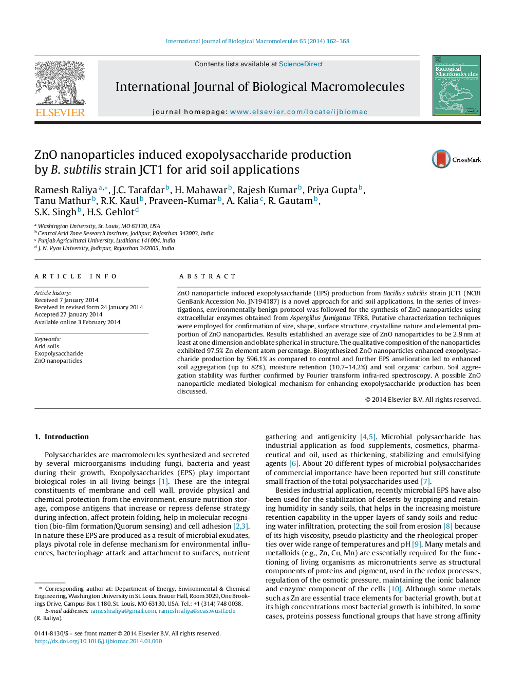 ZnO nanoparticles induced exopolysaccharide production by B. subtilis strain JCT1 for arid soil applications