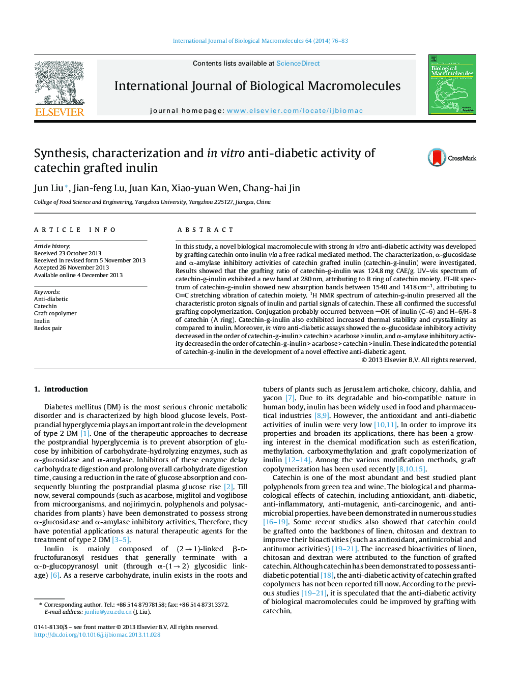 Synthesis, characterization and in vitro anti-diabetic activity of catechin grafted inulin