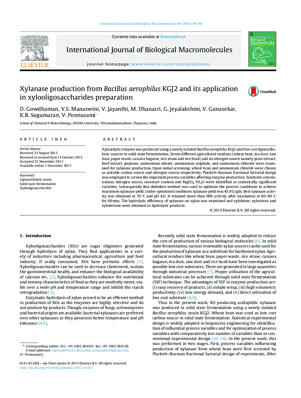 Xylanase production from Bacillus aerophilus KGJ2 and its application in xylooligosaccharides preparation