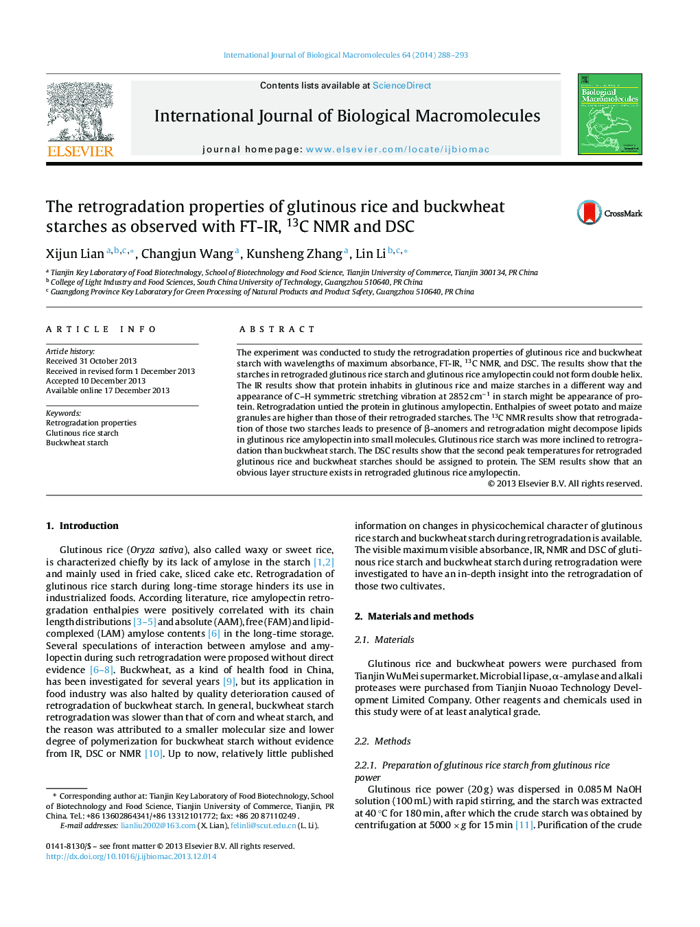 The retrogradation properties of glutinous rice and buckwheat starches as observed with FT-IR, 13C NMR and DSC