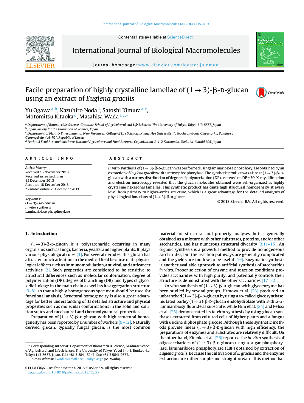 Facile preparation of highly crystalline lamellae of (1 → 3)-β-d-glucan using an extract of Euglena gracilis