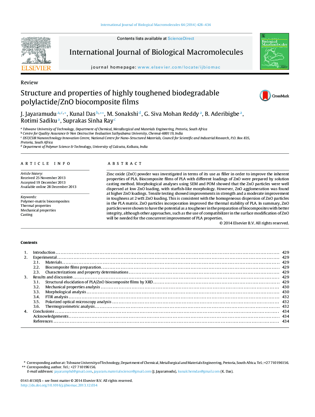 عکس صفحه اول مقاله: Structure and properties of highly toughened biodegradable polylactide/ZnO biocomposite films Structure and properties of highly toughened biodegradable polylactide/ZnO biocomposite films