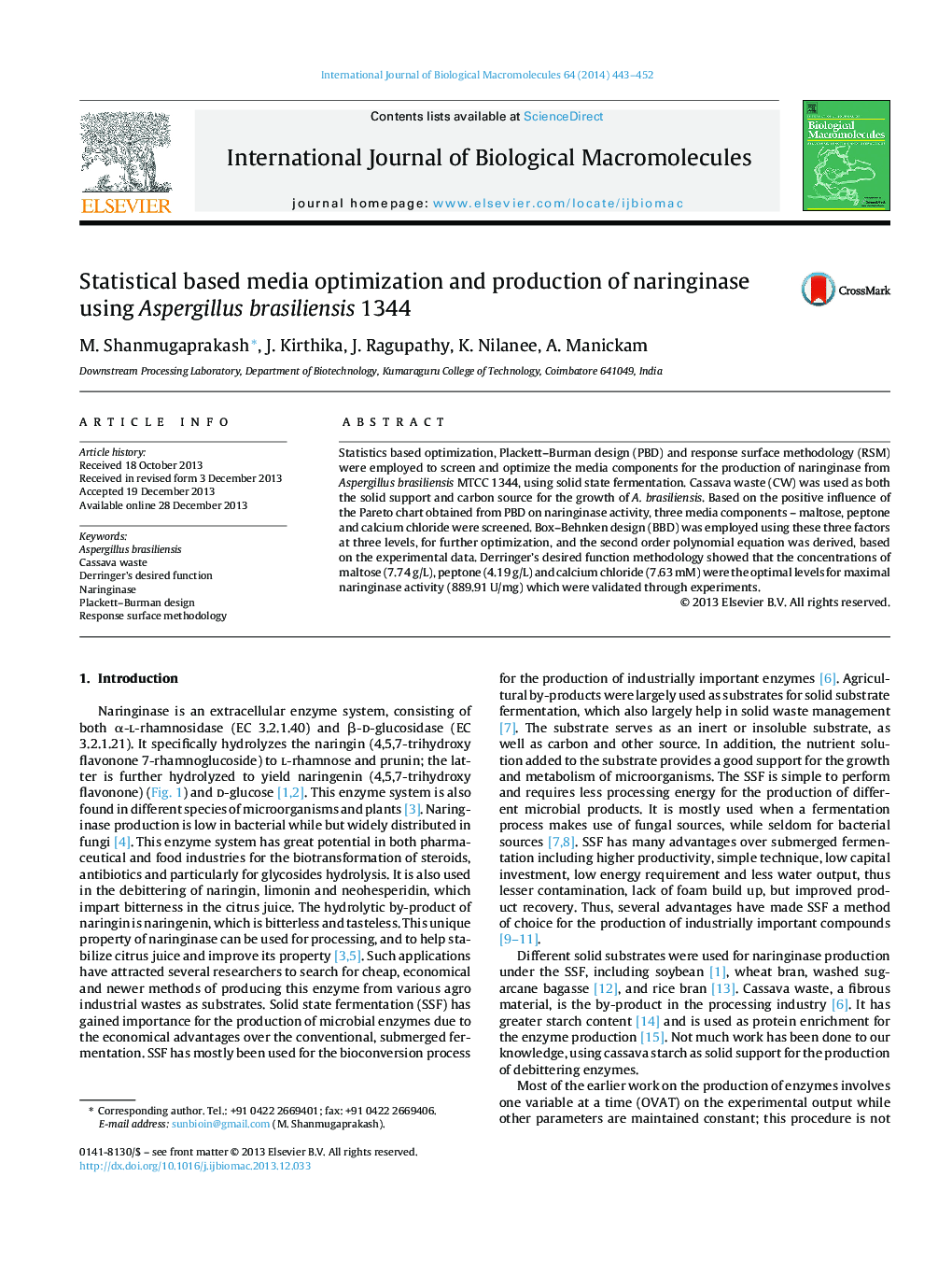 Statistical based media optimization and production of naringinase using Aspergillus brasiliensis 1344