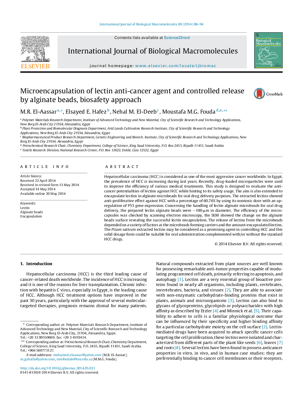 Microencapsulation of lectin anti-cancer agent and controlled release by alginate beads, biosafety approach