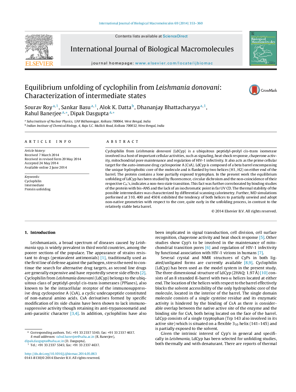 Equilibrium unfolding of cyclophilin from Leishmania donovani: Characterization of intermediate states