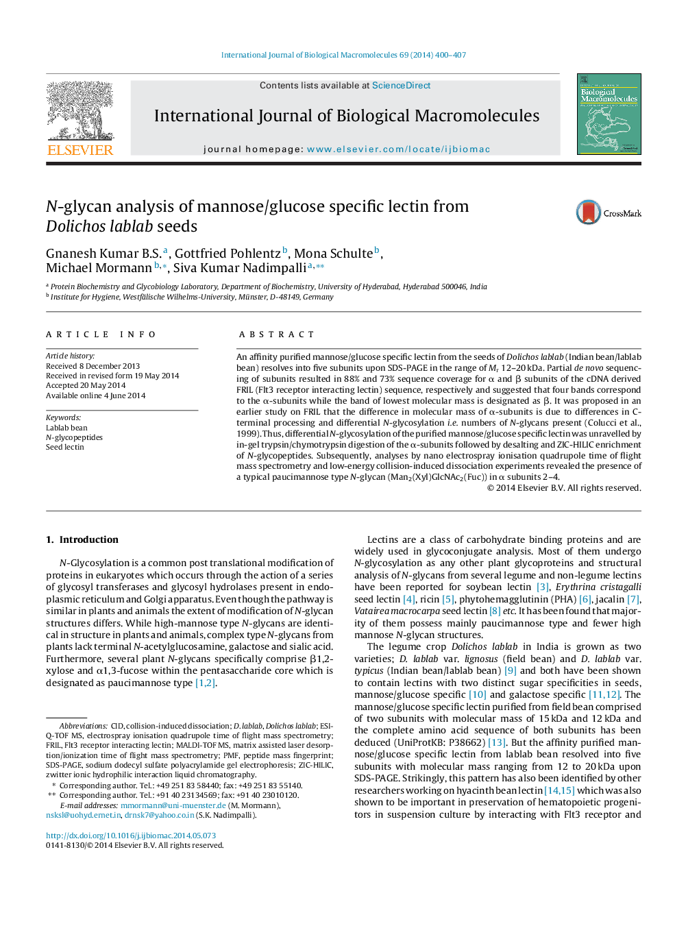 N-glycan analysis of mannose/glucose specific lectin from Dolichos lablab seeds