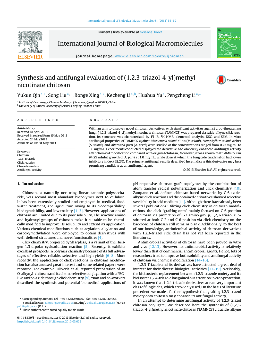 Synthesis and antifungal evaluation of (1,2,3-triazol-4-yl)methyl nicotinate chitosan