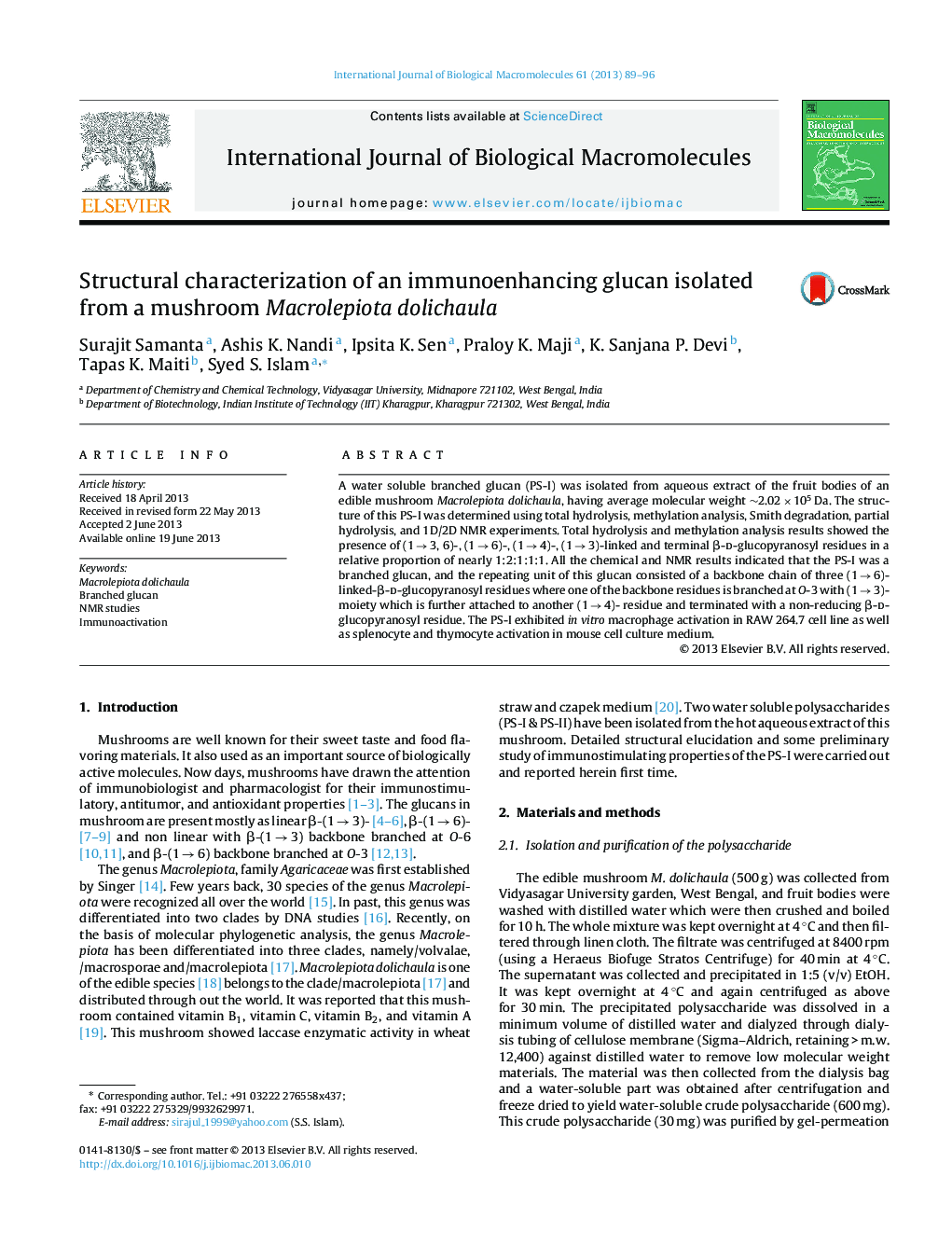 Structural characterization of an immunoenhancing glucan isolated from a mushroom Macrolepiota dolichaula