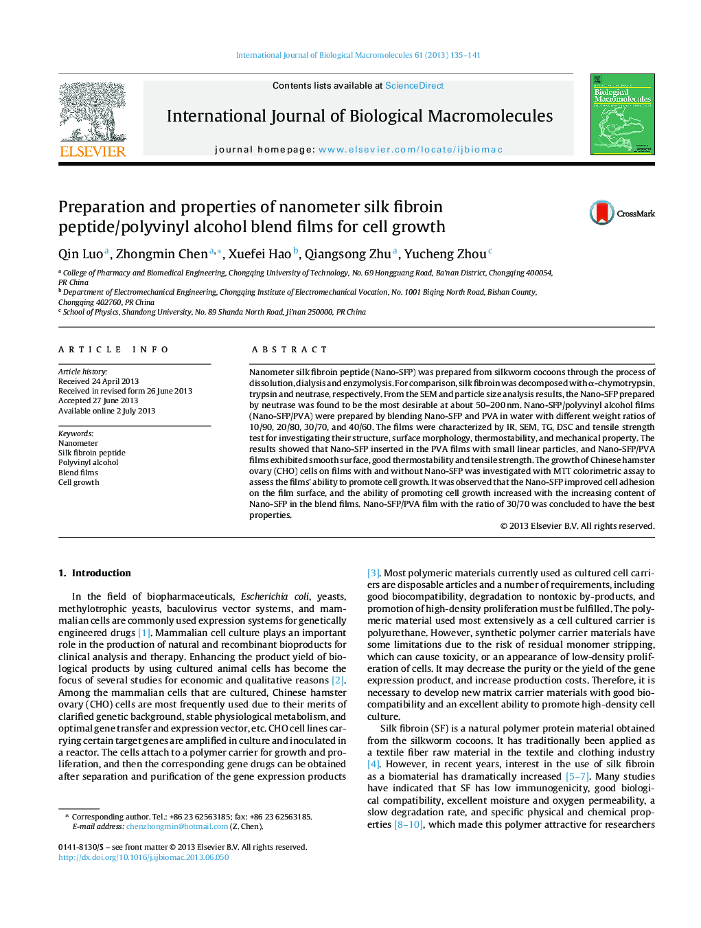 Preparation and properties of nanometer silk fibroin peptide/polyvinyl alcohol blend films for cell growth