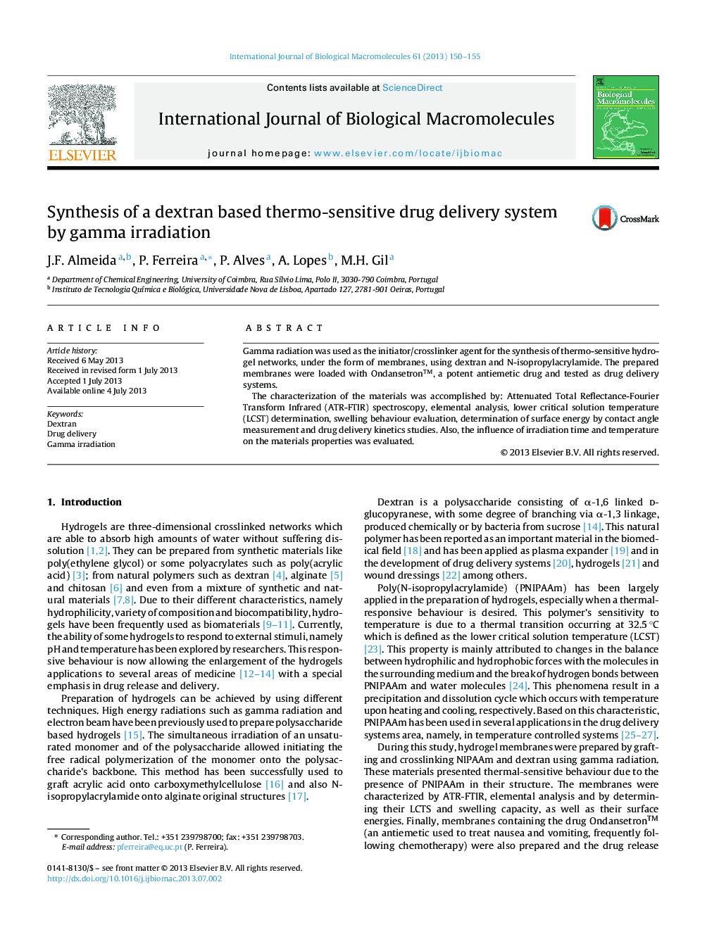 Synthesis of a dextran based thermo-sensitive drug delivery system by gamma irradiation