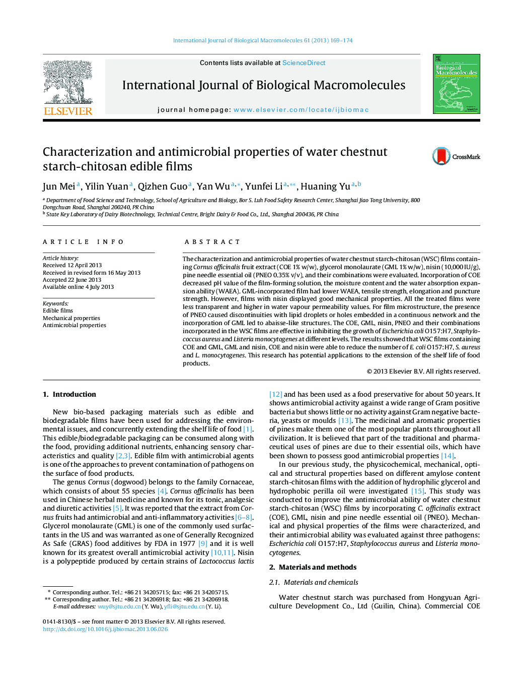 Characterization and antimicrobial properties of water chestnut starch-chitosan edible films