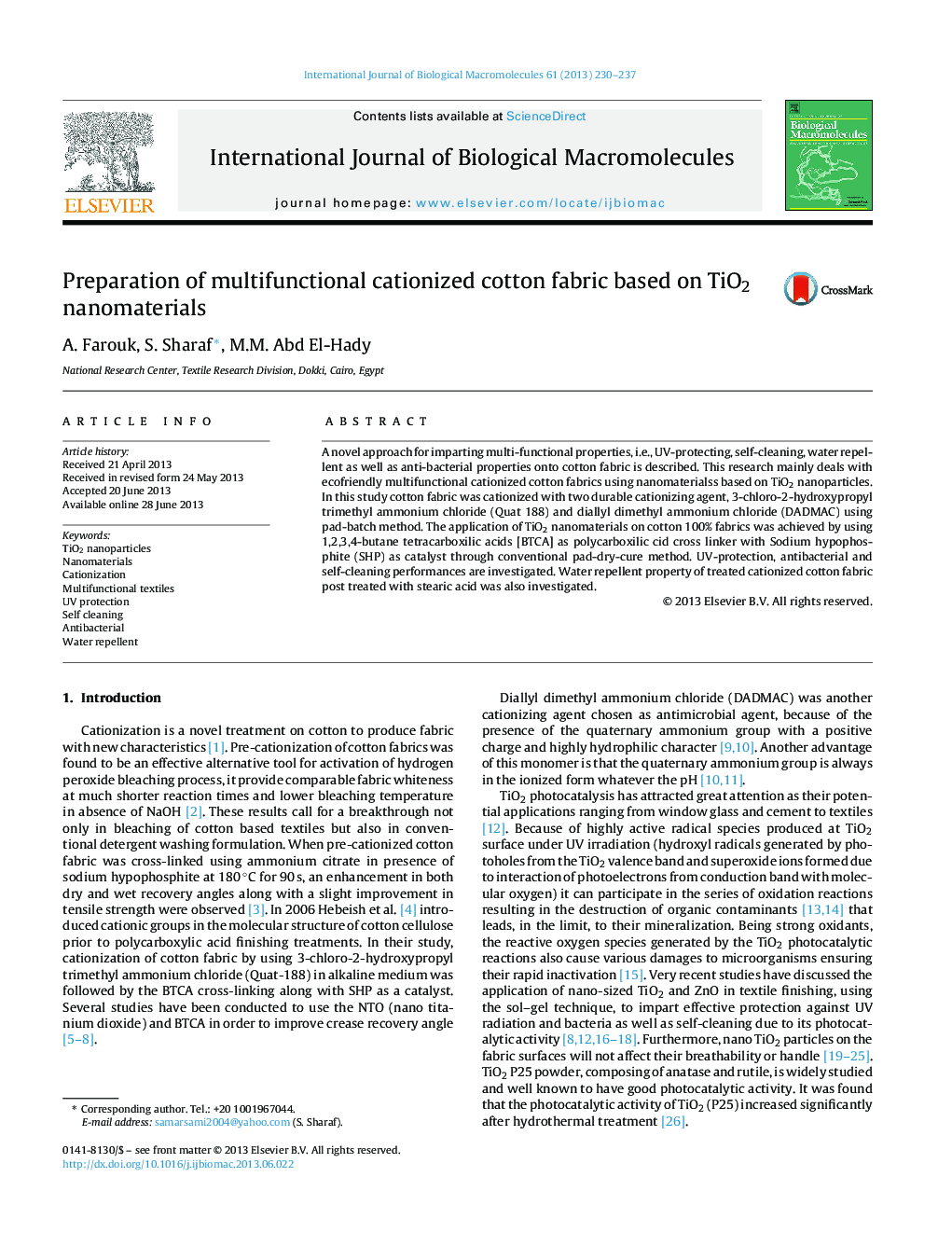 Preparation of multifunctional cationized cotton fabric based on TiO2 nanomaterials