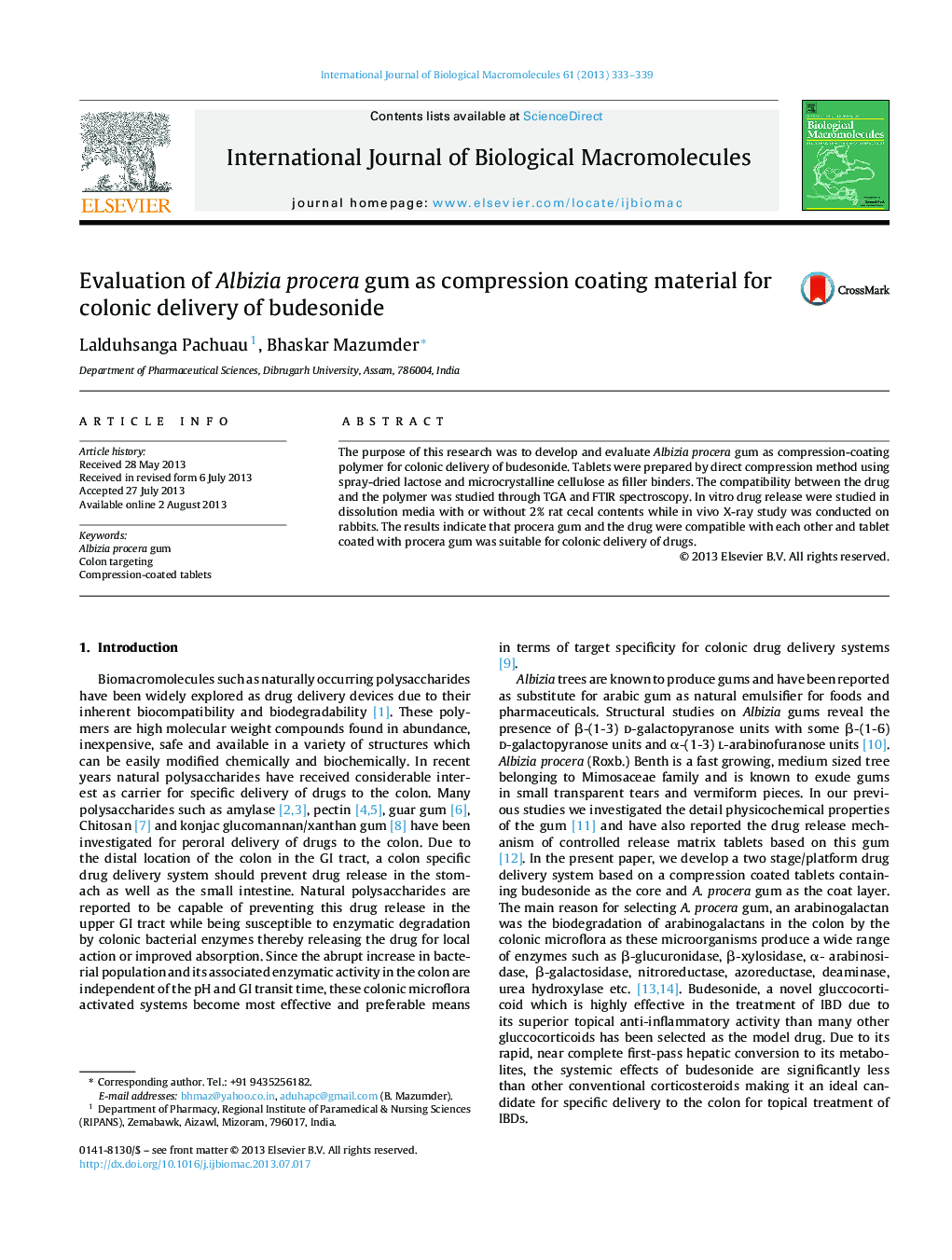 Evaluation of Albizia procera gum as compression coating material for colonic delivery of budesonide