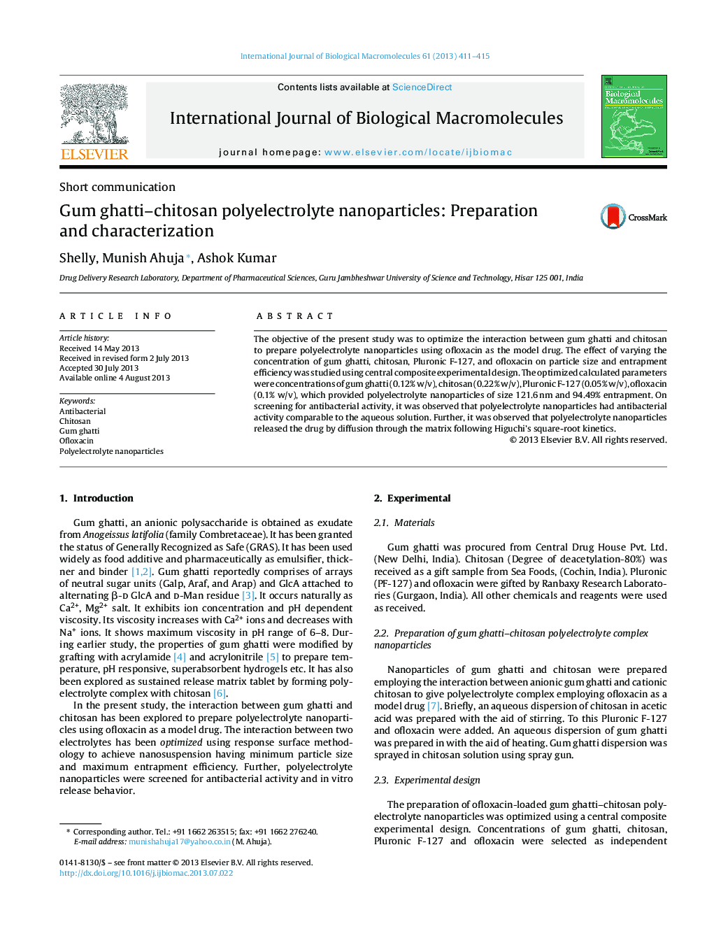 Gum ghatti–chitosan polyelectrolyte nanoparticles: Preparation and characterization