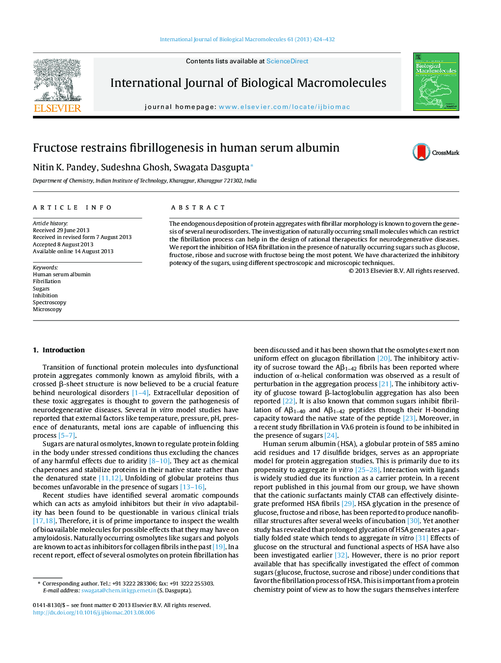 Fructose restrains fibrillogenesis in human serum albumin