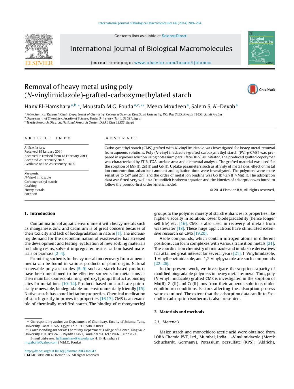 Removal of heavy metal using poly (N-vinylimidazole)-grafted-carboxymethylated starch