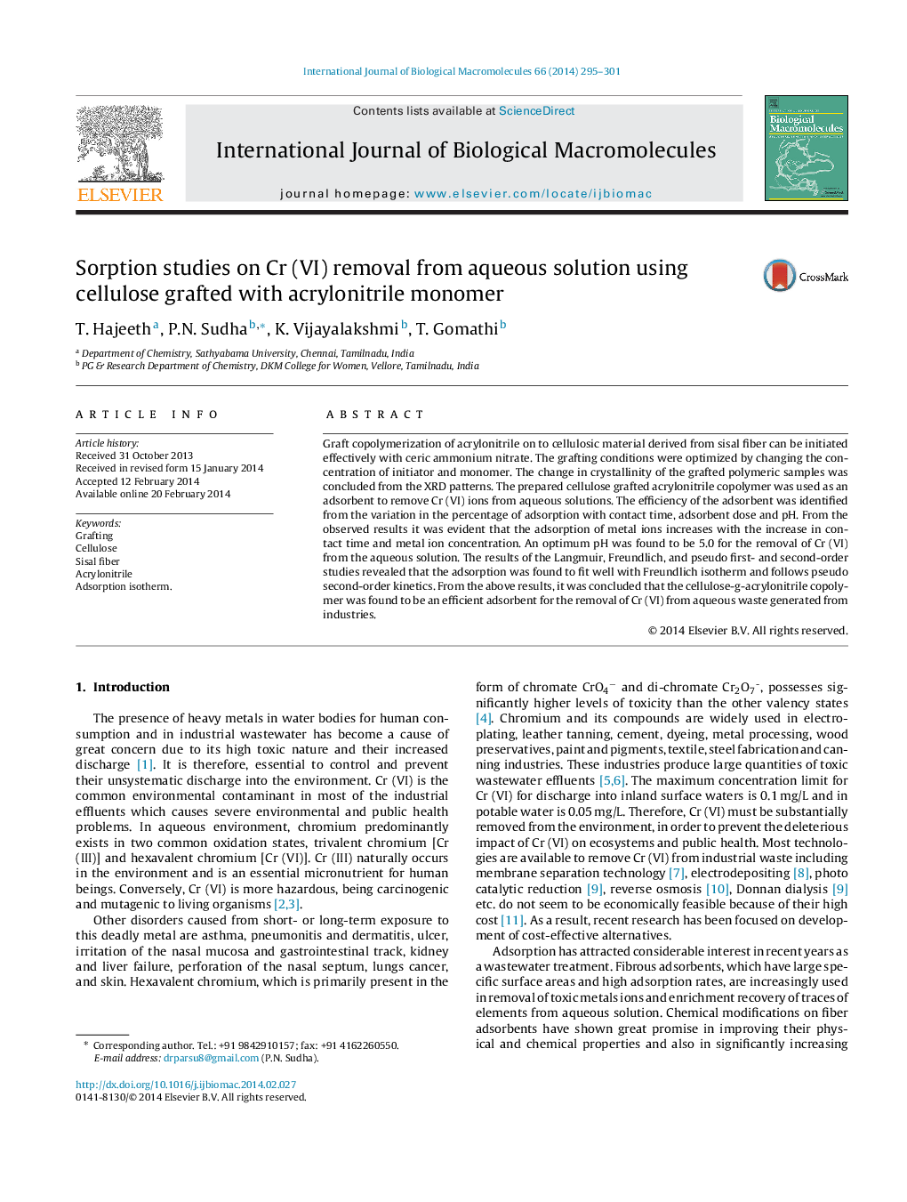 Sorption studies on Cr (VI) removal from aqueous solution using cellulose grafted with acrylonitrile monomer