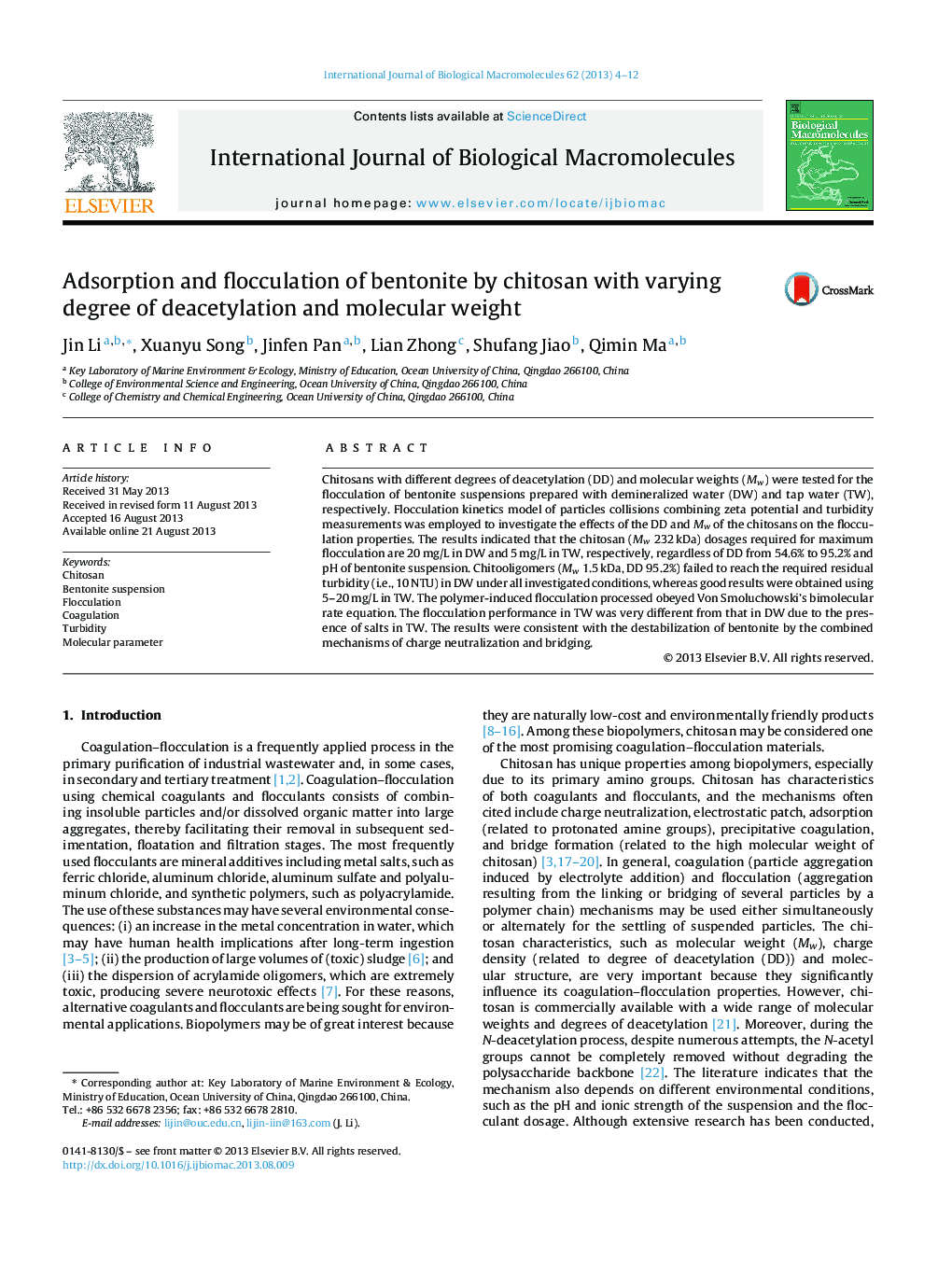 Adsorption and flocculation of bentonite by chitosan with varying degree of deacetylation and molecular weight