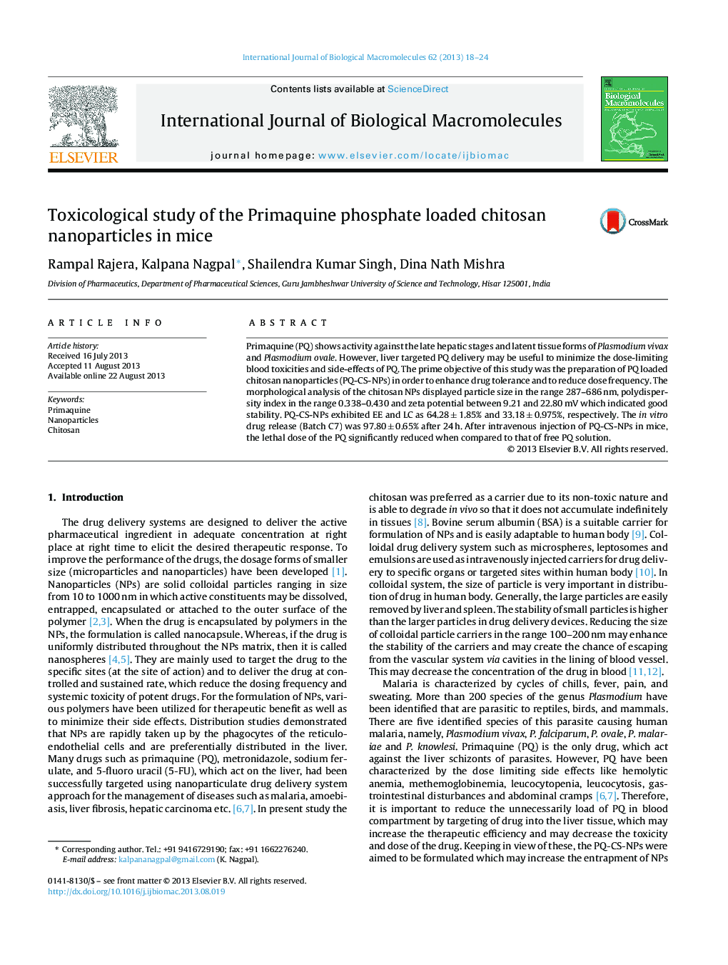 Toxicological study of the Primaquine phosphate loaded chitosan nanoparticles in mice