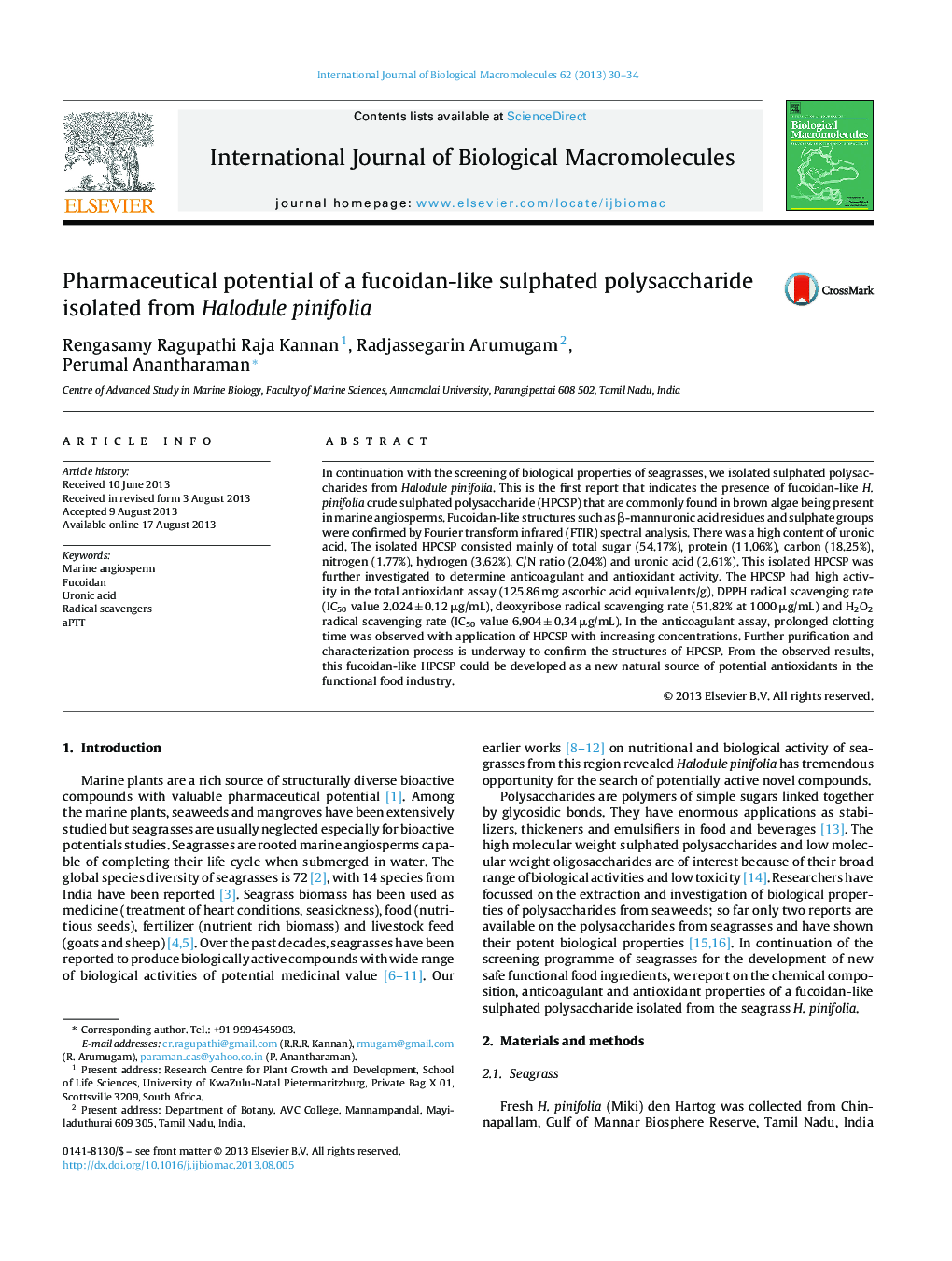 Pharmaceutical potential of a fucoidan-like sulphated polysaccharide isolated from Halodule pinifolia