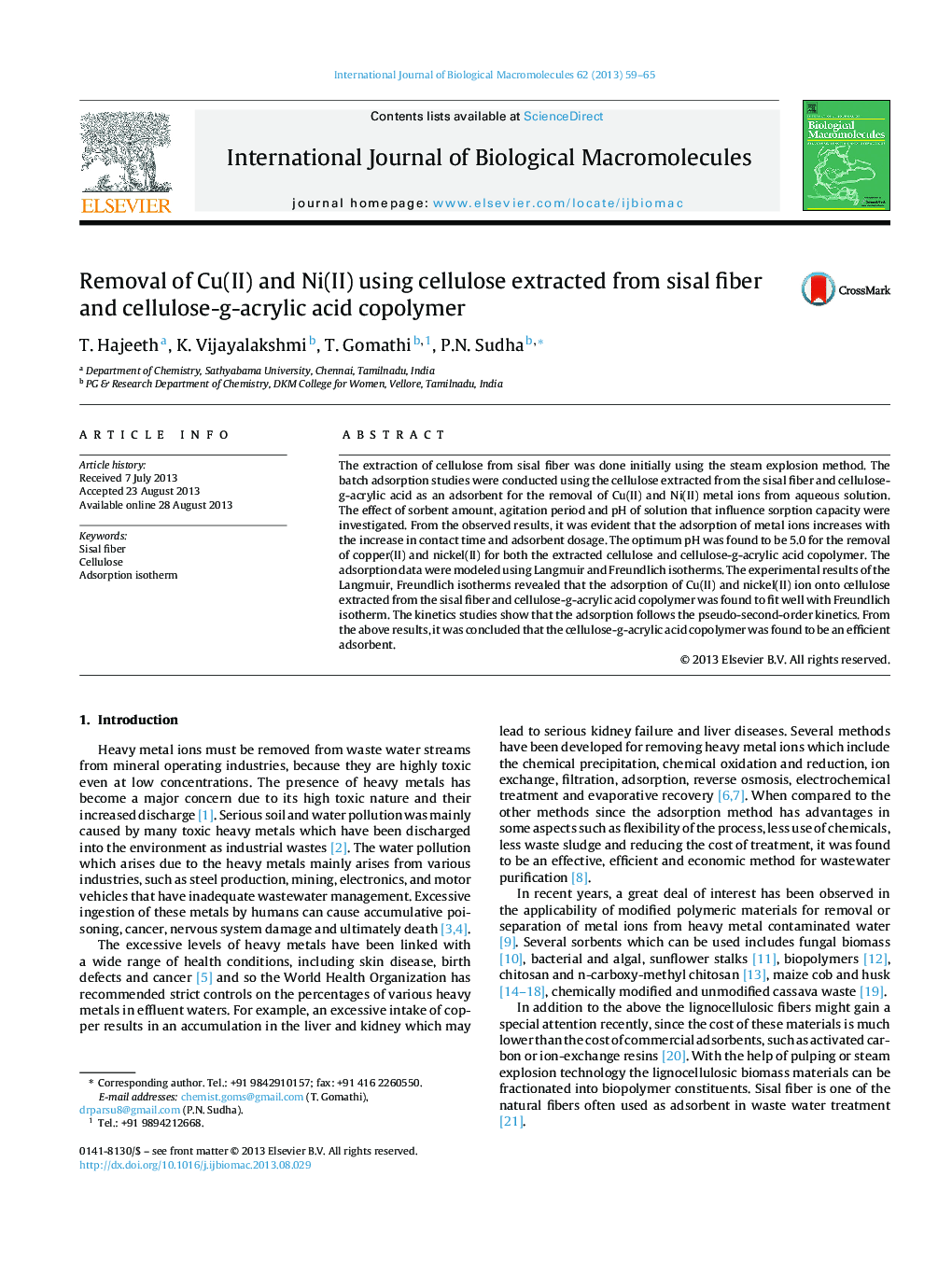 Removal of Cu(II) and Ni(II) using cellulose extracted from sisal fiber and cellulose-g-acrylic acid copolymer