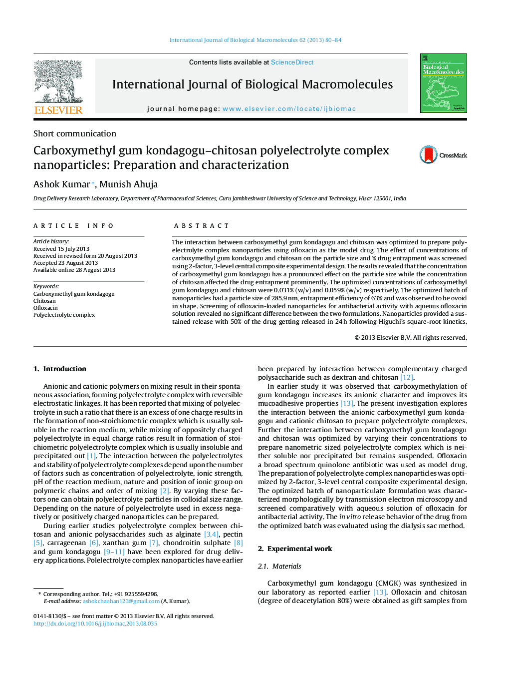 Carboxymethyl gum kondagogu-chitosan polyelectrolyte complex nanoparticles: Preparation and characterization