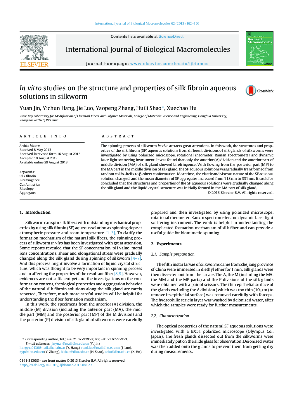عکس صفحه اول مقاله: In vitro studies on the structure and properties of silk fibroin aqueous solutions in silkworm In vitro studies on the structure and properties of silk fibroin aqueous solutions in silkworm