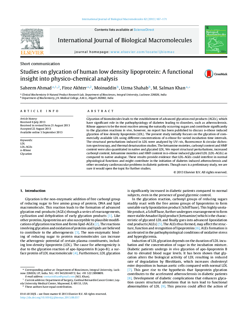 Studies on glycation of human low density lipoprotein: A functional insight into physico-chemical analysis