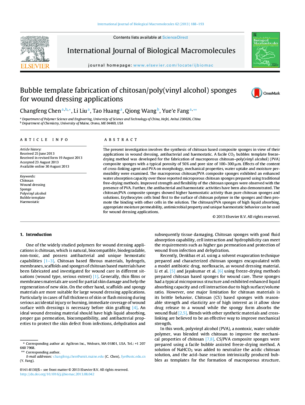 Bubble template fabrication of chitosan/poly(vinyl alcohol) sponges for wound dressing applications