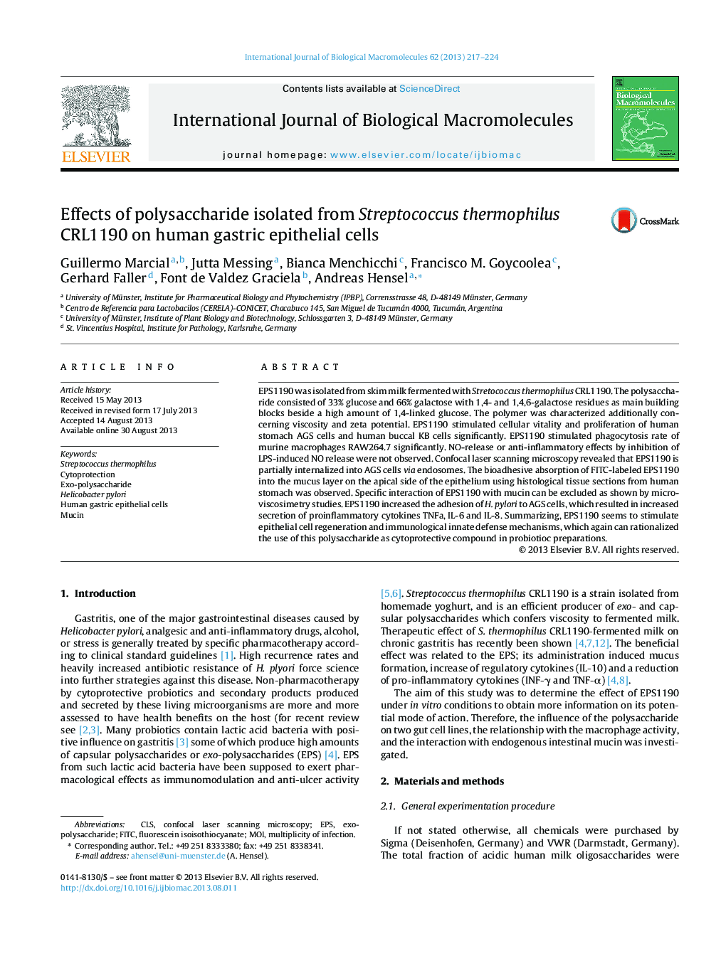 Effects of polysaccharide isolated from Streptococcus thermophilus CRL1190 on human gastric epithelial cells