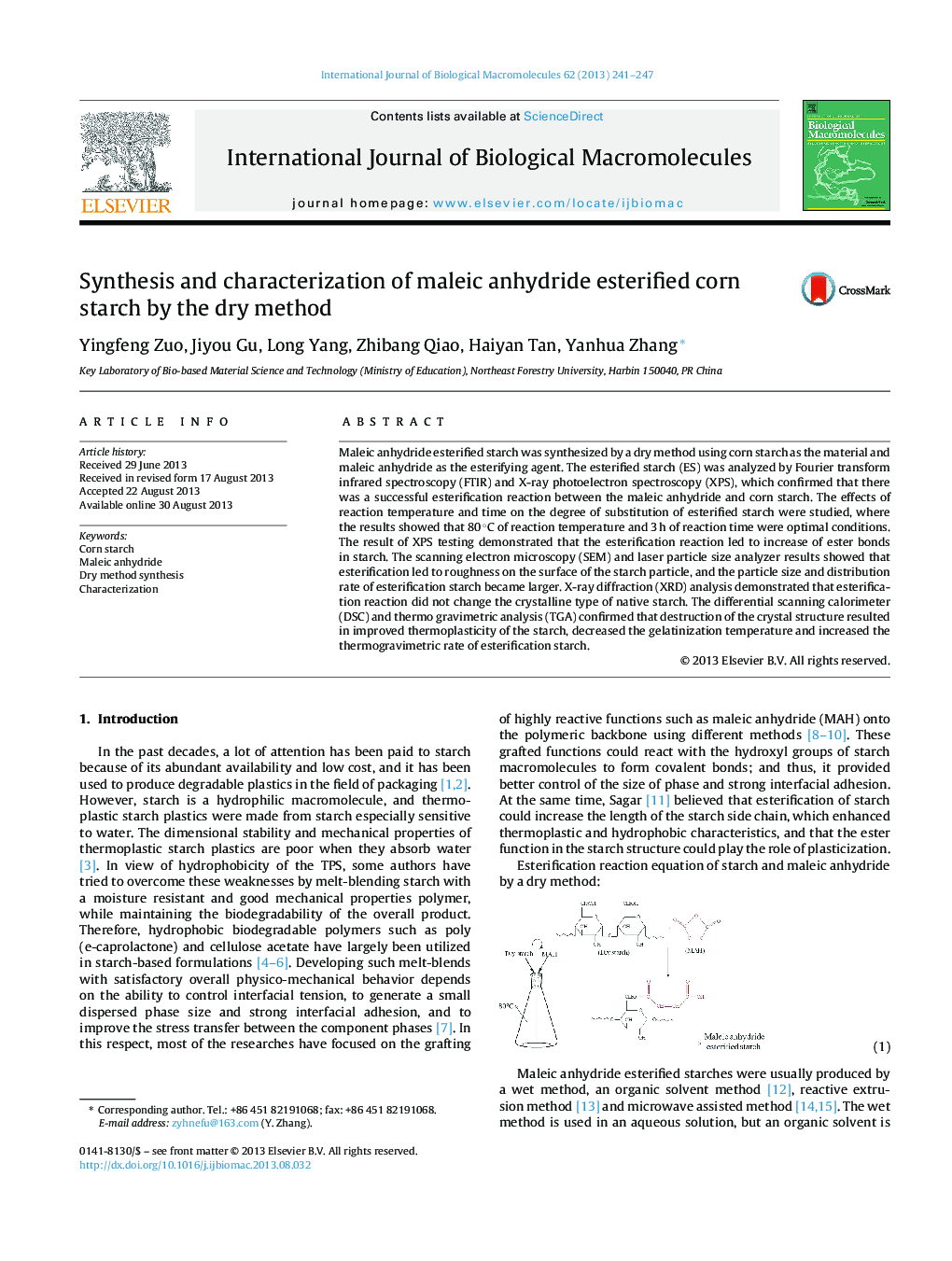 Synthesis and characterization of maleic anhydride esterified corn starch by the dry method