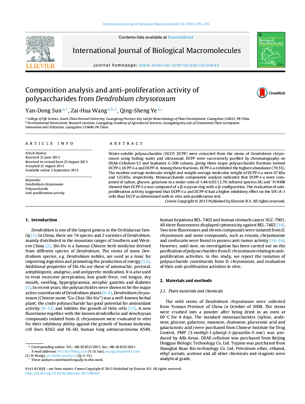 Composition analysis and anti-proliferation activity of polysaccharides from Dendrobium chrysotoxum