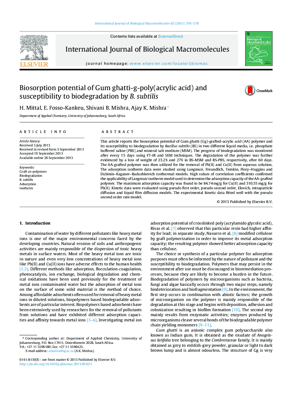 Biosorption potential of Gum ghatti-g-poly(acrylic acid) and susceptibility to biodegradation by B. subtilis