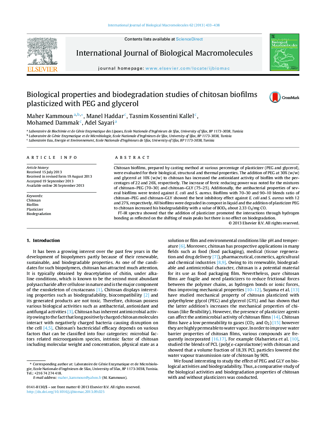 Biological properties and biodegradation studies of chitosan biofilms plasticized with PEG and glycerol