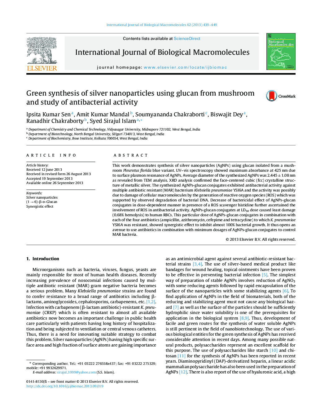 عکس صفحه اول مقاله: Green synthesis of silver nanoparticles using glucan from mushroom and study of antibacterial activity Green synthesis of silver nanoparticles using glucan from mushroom and study of antibacterial activity