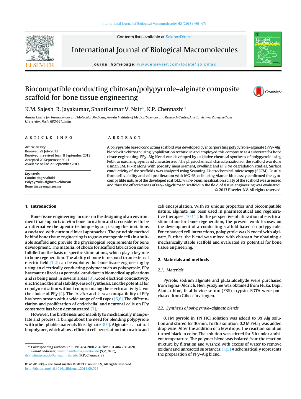 Biocompatible conducting chitosan/polypyrrole-alginate composite scaffold for bone tissue engineering