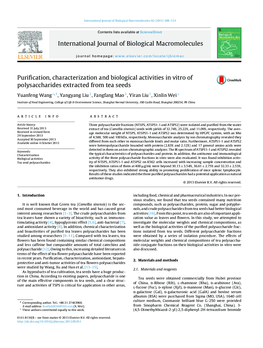 Purification, characterization and biological activities in vitro of polysaccharides extracted from tea seeds