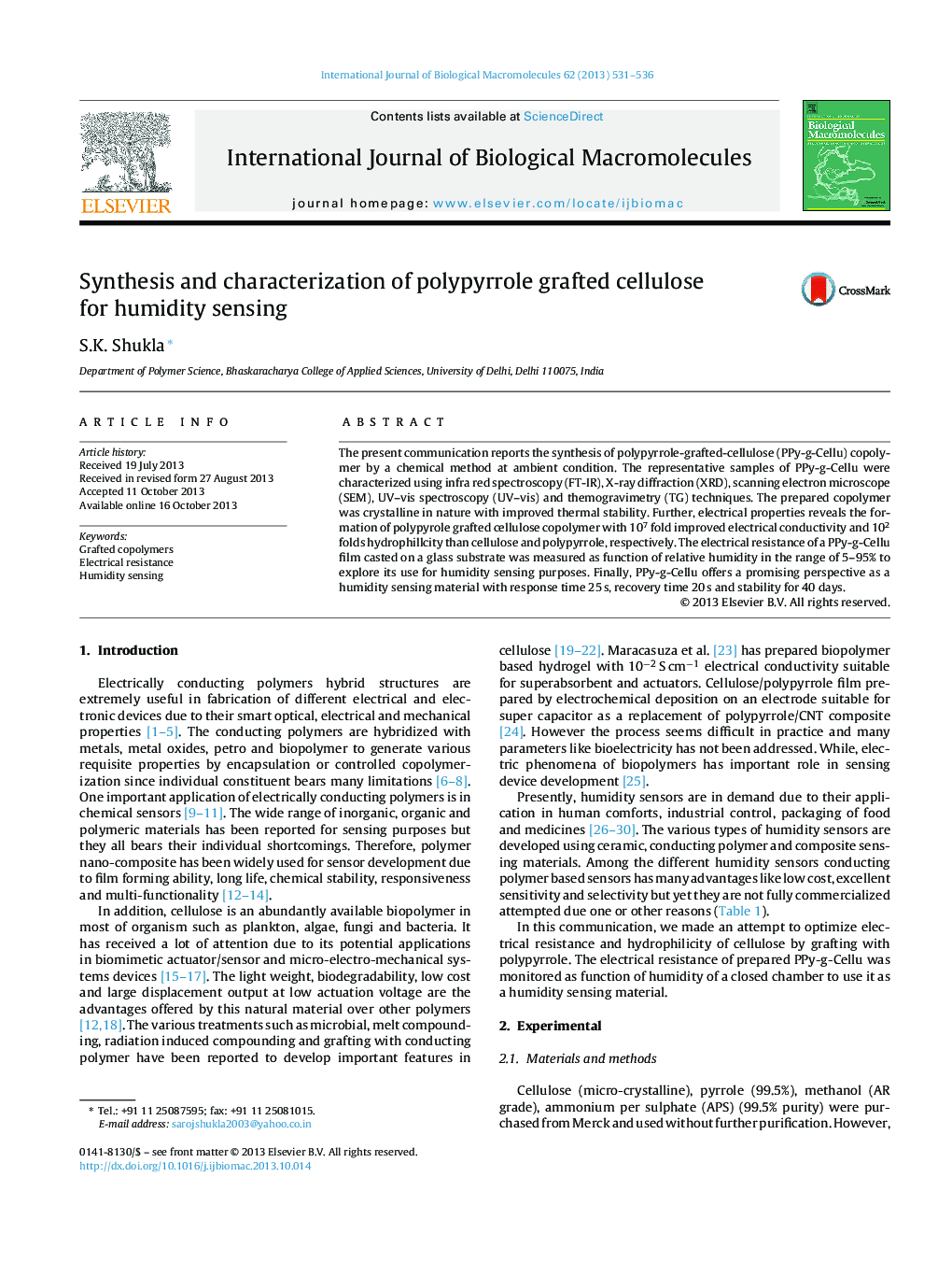 Synthesis and characterization of polypyrrole grafted cellulose for humidity sensing