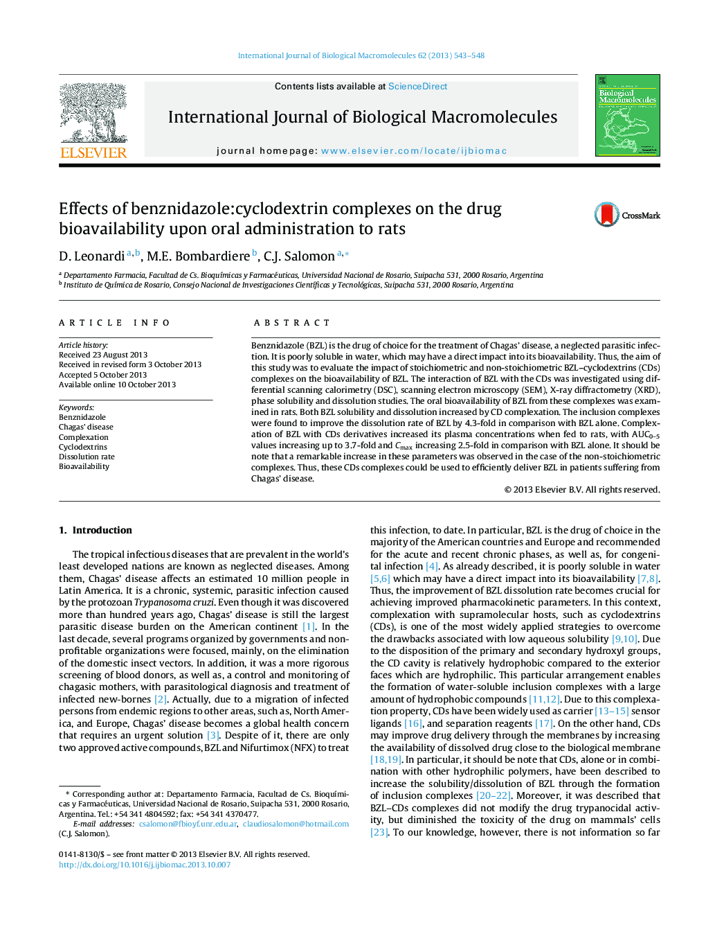 Effects of benznidazole:cyclodextrin complexes on the drug bioavailability upon oral administration to rats