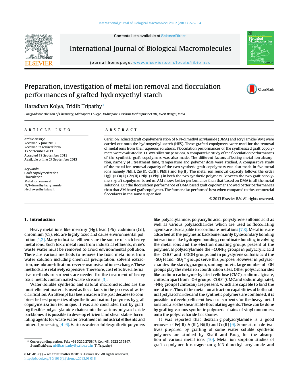 Preparation, investigation of metal ion removal and flocculation performances of grafted hydroxyethyl starch