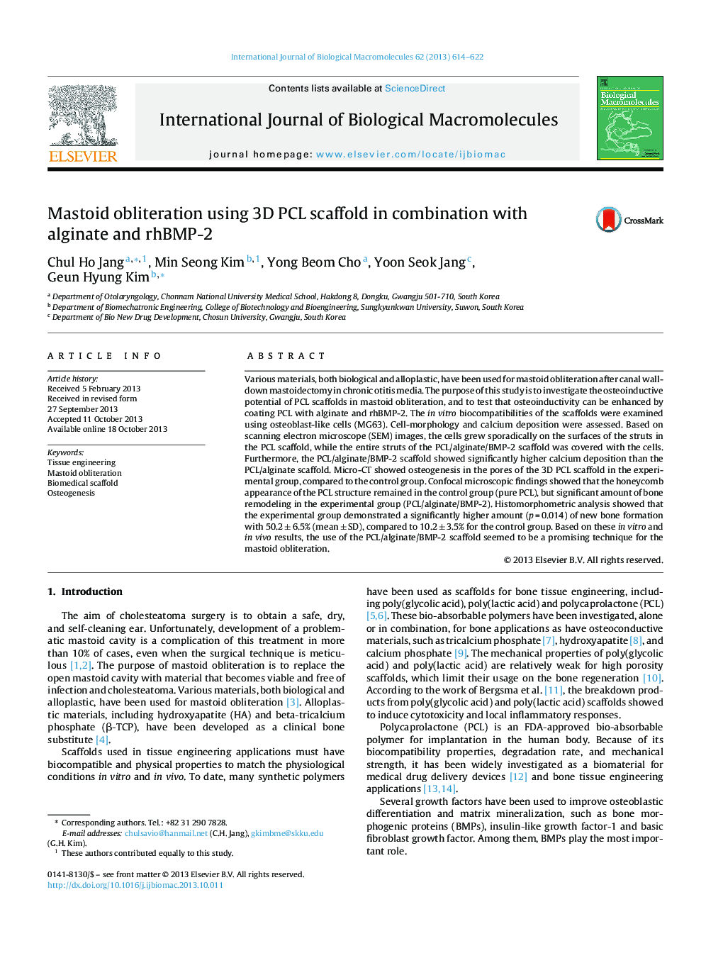 Mastoid obliteration using 3D PCL scaffold in combination with alginate and rhBMP-2