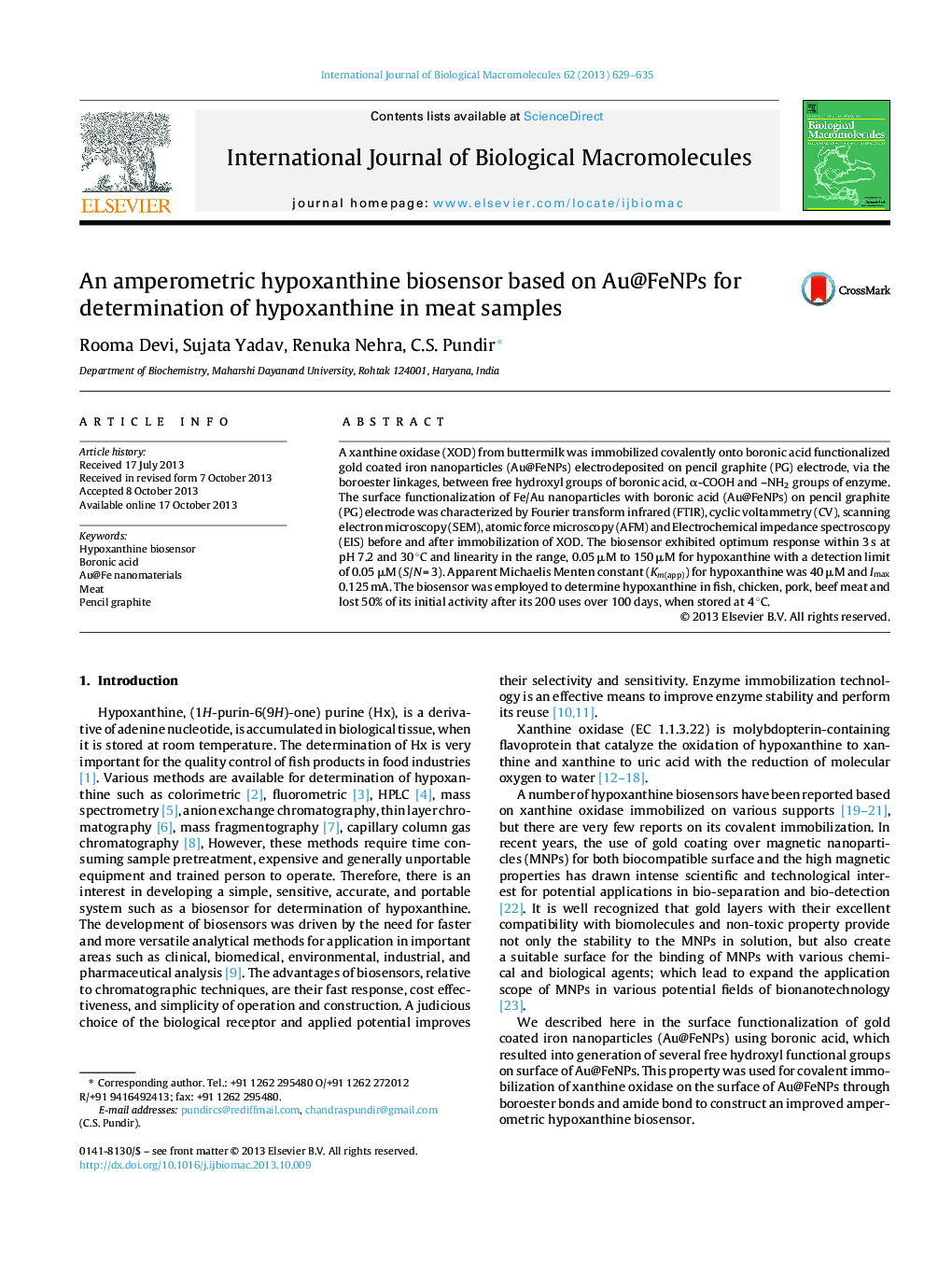 An amperometric hypoxanthine biosensor based on Au@FeNPs for determination of hypoxanthine in meat samples