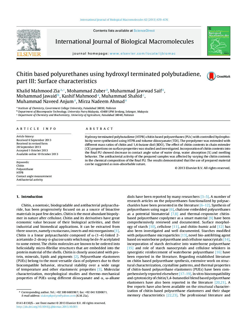 Chitin based polyurethanes using hydroxyl terminated polybutadiene, part III: Surface characteristics