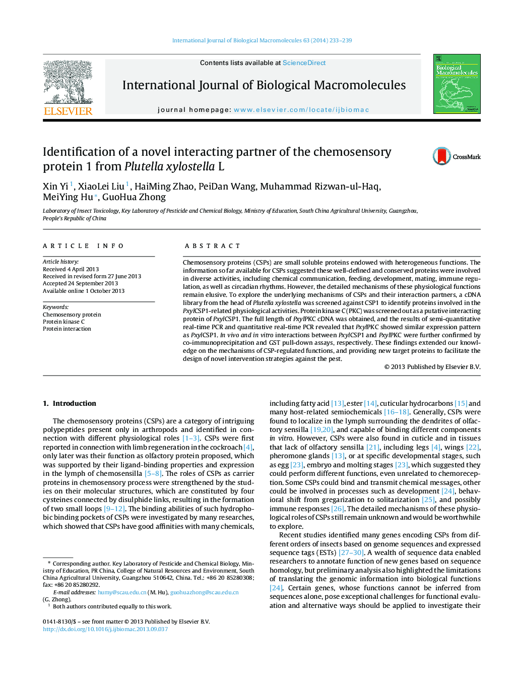 Identification of a novel interacting partner of the chemosensory protein 1 from Plutella xylostella L