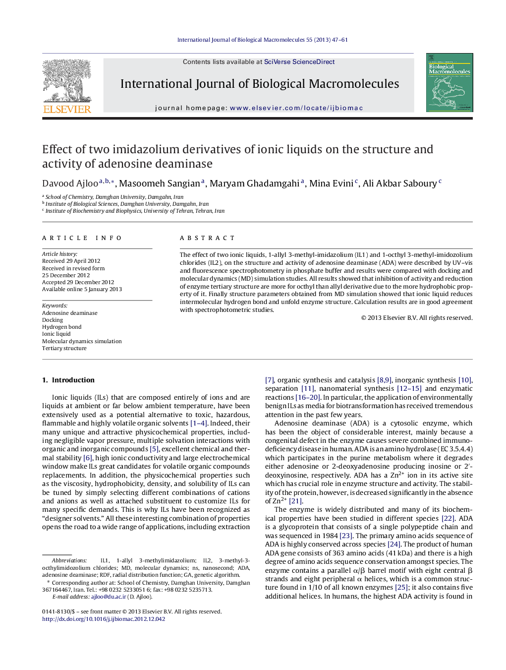 Effect of two imidazolium derivatives of ionic liquids on the structure and activity of adenosine deaminase